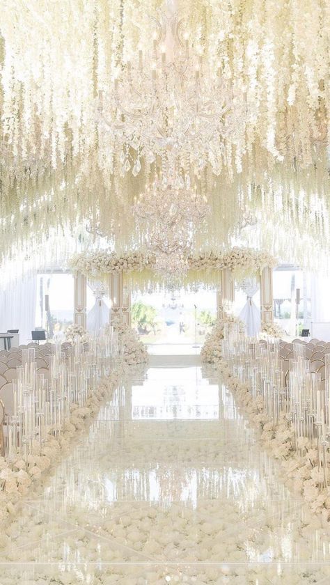 White And Gold Wedding Themes, White Wedding Ceremony, White Wedding Decorations, White Floral Arrangements, Church Wedding Decorations, Dream Wedding Decorations, White Wedding Theme, Wedding Planning Decor, Luxury Wedding Decor