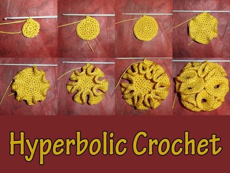 I've made another hyperbolic form...I think I'm addicted! I bought a nice 4ply gold mercerised cotton, and using a 2mm needle, I increased 1... Hyperbolic Crochet, Types Of Crochet, Form Crochet, Crochet Goodies, Freeform Crochet, Crochet Instructions, Crochet Stitch, Irish Crochet, Crochet Art