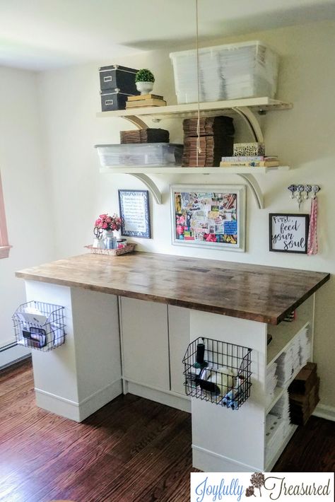 DIY craft table and etsy shipping table with painted Ikea shelves and a stained and sealed butcher block island slab. Wall mount baskets from Hobby Lobby and wall shelves from Lowes. Easy DIY craft room organization and decor. Shipping Table Ideas, Ikea Sewing Rooms, Butcher Block Desk, Butcher Block Counters, Business Room, Tesla Quotes, Craft Tables, Butcher Block Wood, Butcher Block Island