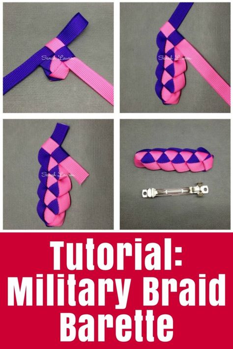 Tutorial: Military Braid Barrette with Grosgrain Ribbon - Learn how to make a cute braided hair barrette from grosgrain ribbon | #crafts #diy #ribbon #tutorial #hair Grosgrain Ribbon Projects, Ribbon Barrettes Diy, Awana Crafts, Headband Holders, Ribbon Tutorial, Ribbon Weaving, Grosgrain Ribbon Crafts, Ribbon Barrettes, French Braid Ponytail