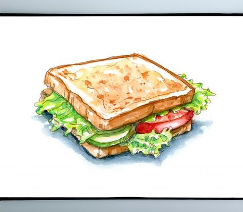 Sketching Food Sandwich Drawing, Food Art Painting, Food Stock, Food Sketch, Veggie Sandwich, Food Illustration Art, Watercolor Food, Food Painting, Food Journal