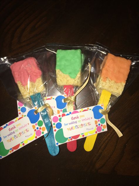 Rice Krispie Paint Brushes, Paint Party Desserts, Paint Party Dessert Table, Art Themed Party Favors, Paint Party Gift Bags, Paint Party Favors Kids, Paint Party Games, Art Birthday Party Food, Paint Party Food Ideas