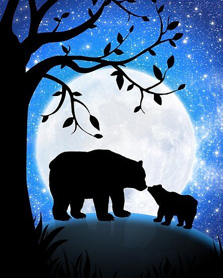 A mama bear and her baby in front of a large magical moon. • Millions of unique designs by independent artists. Find your thing. Bears Art, Bear Paintings, Silhouette Painting, Horse Drawings, Animal Silhouette, Rock Painting Art, Bear Art, Night Painting, Diy Canvas Art Painting