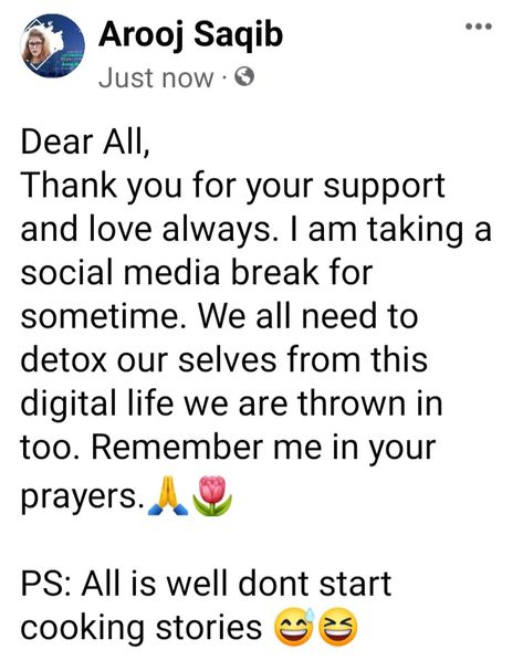 Dear All, Thank you for your support and love always. I am taking a social media break for sometime. We all need to detox our selves from this digital life we are thrown in too. Remember me in your prayers.🙏🌷 PS: All is well dont start cooking stories 😅😆 I Am Taking A Break From Social Media, I Need A Break From Social Media, Taking A Break From Social Media, Taking A Break From Social Media Quotes, Remember Me In Your Prayers, Cooking Stories, Break From Social Media, Social Media Break, Need A Break