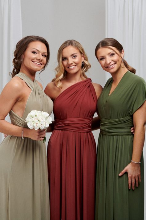 Complete your Autumn or Fall wedding with these luxury sage green, terracotta and olive green bridesmaid dresses. Beautiful mix and match bridesmaids dresses. #bridesmaiddresses #multiwaydress #autumnwedding #fallwedding #bridesmaids #bridesmaidsdresses Bridemaids Dresses Fall October, Sage Green Bridsmaid Dress, Autumn Wedding Bridesmaids Dresses, Olive Green Terracotta Wedding, Autumnal Bridesmaid Dresses, Terracota Bridesmaid Dress, Autumn Wedding Bridesmaids, Sage Green And Terracotta Wedding, Bridesmaid Dresses Autumn