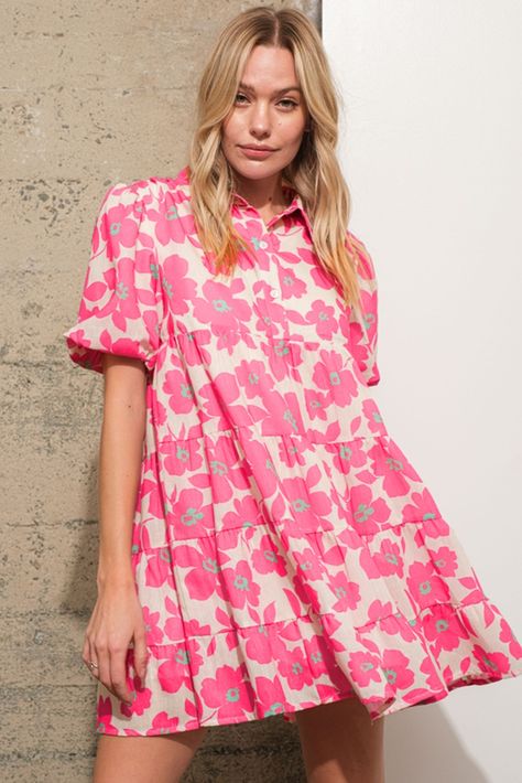 $11.83 Pink Floral Tiered Puff Sleeve Mini Shirt Dress Wholesale Pink Flower Dress, Bohemian Look, Flare Mini Dress, Pink Boho, Short Sleeve Mini Dress, Mini Shirt Dress, Boho Floral, Lantern Sleeves, Mini Dress With Sleeves