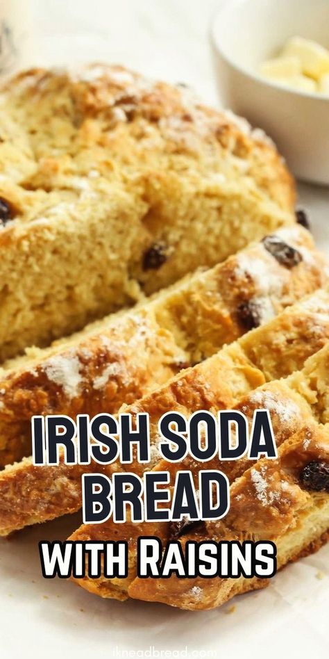 Irish Soda Bread with Raisins is a traditional Irish
 bread known for its simple ingredients, dense crumb, and delightful 
sweetness from raisins. This bread relies on baking soda as the 
leavening agent, making it quick and easy to prepare. Studded with plump raisins, it's a delicious balance of sweet and 
savory flavors, perfect for enjoying on its own, toasted with butter, or
 alongside a hearty stew. Golden Raisin Bread, Irish Soda Bread With Raisins, Irish Soda Bread Recipe Traditional, Irish Food Traditional, Dinner Bread Recipes, Irish Soda Bread Easy, Recipe For Irish Soda Bread, Soda Bread With Raisins, Bread Experiment