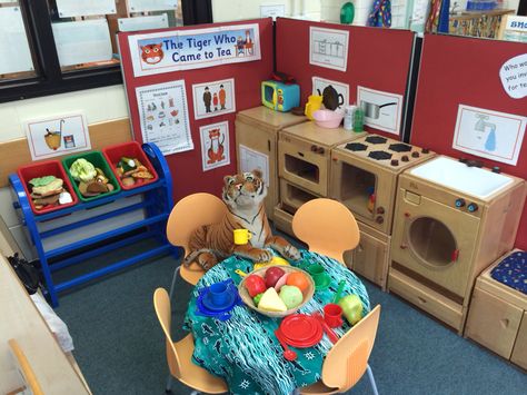 The tiger who came to tea year 1 role play area Preschool Interior, Tea Activities, Home Corner Ideas Early Years, Zoo Animal Activities, Story Themes, Tiger Who Came To Tea, Early Years Practitioner, Nursery Classroom, Role Play Areas