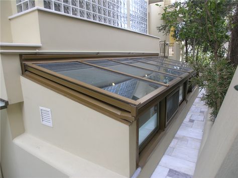 Skylight With Ventilation, Basement Skylight, Basement Ventilation Ideas, Basement Lightwell, Basement Ventilation, Glass Skylight, Basement Steps, Skylight Design, House Elements