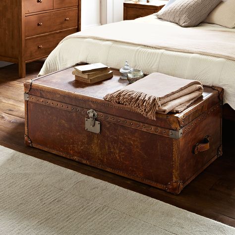 Our leather Houston End of Bed Trunk is distinguished, charming and full of character. We adore the hand-studded detail, leather handles and butterfly corners. This is a fantastic addition to any bedroom and creates the perfect finishing touch to the end of your bed. Now with 10% off in our Summer Sale. Don't miss out! Luxury Bedroom Furniture, Leather Trunk, Storage Trunks, Vintage Trunks, Storage Trunk, Bedroom Decor Design, Perfect Bedroom, Vintage Bedroom, Foot Of Bed