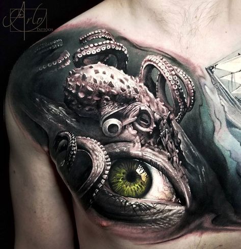 Realism octopus and human eye by Arlo DiCristina, an artist based in Grand Junction, Colorado. Tattoo Octopus, Biomech Tattoo, Octopus Tattoo Sleeve, Kraken Tattoo, Anker Tattoo, Octopus Tattoo Design, Octopus Tattoos, Octopus Tattoo, 3d Tattoo