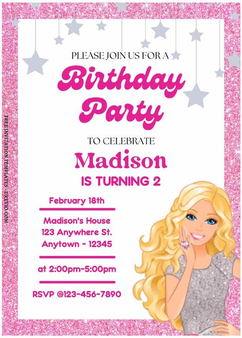 Get (Free Editable PDF) Sparkling Barbie Magic Birthday Invitation Templates Celebrate in style with our collection of adorable and fancy pink glitter birthday invitation templates. These enchanting designs are perfect for adding a touch of glamour to your special occasion. Th... Barbie Birthday Party Invitations Free Printable, Barbie Party Invitations Template, Barbie Invitations Birthday Templates, Barbie Invitation Template, Editable Barbie Invitation, Barbie Blank Invitation, Barbie Birthday Party Invitations Digital Art, Barbie Invitation, Pink Glitter Birthday