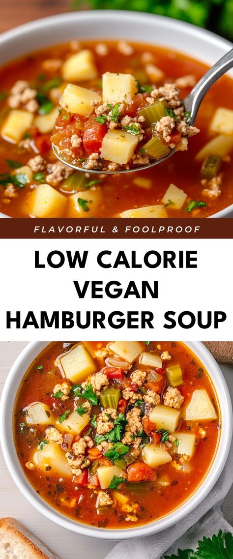 Image for Low Calorie Vegan Hamburger Soup Low Cal Veggie Soup, Filling Meal Prep, Low Calorie Vegan Recipes, Low Calorie Soups, Vegan Hamburger, Classic Hamburger, Low Calorie Vegan, Low Calorie Soup, Hamburger Soup