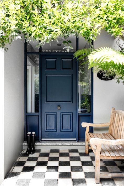 Blue entrance door with checkboard floors Heritage Front Door, Victoria Front Door, Heritage Building Renovation, Blue Victorian Front Door, Front Door Styles, Hamptons Style Home, Blue Front Door, Grand Entryway, Door Picture