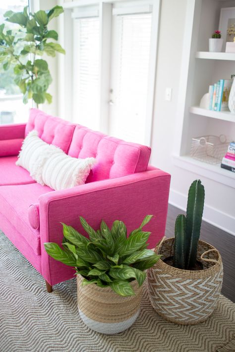 Rosa Sofa, Pink Living Room Decor, Pink Couch, Pink Furniture, Pink Sofa, Pink Living Room, Deco Originale, Pink Decor, A Living Room