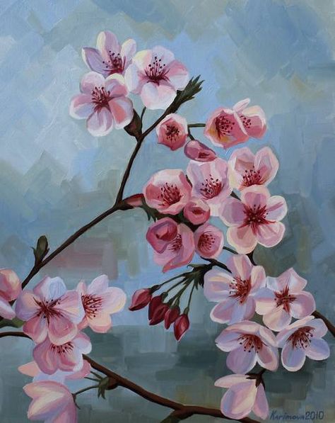 Cherry Blossom Landscape Painting, Blossom Painting Acrylics, Cherry Blossom Painting Tutorial, Sakura Oil Painting, Cherry Blossom Art Paintings, Cherry Blossom Oil Painting, Painted Cherry Blossoms, Sakura Painting Acrylic, Sophisticated Paintings