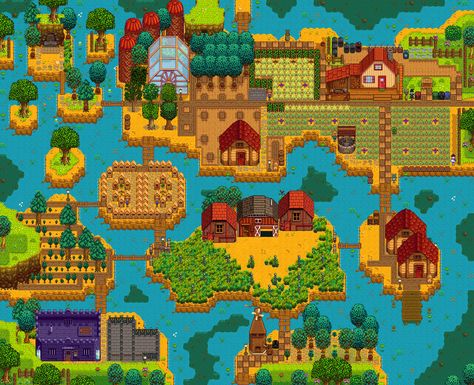 Click to open farm gallery Stardew Valley Farm Layout Riverlands, Farm Layouts, Stardew Farms, Stardew Valley Layout, Stardew Valley Tips, Valley River, Stardew Valley Farms, Cozy Gaming, Farm Layout