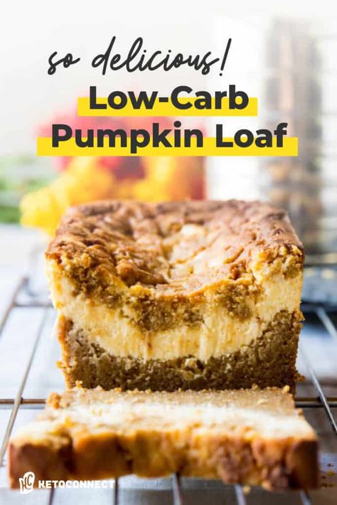 This Low Carb Pumpkin Loaf has a thick ribbon of cheesecake running through the center. The whole family will love this fall favorite if... Pumpkin Loaf With Cream Cheese, Low Carb Pumpkin Bread, Keto Pumpkin Bread, Low Carb Pumpkin Cheesecake, Low Carb Pumpkin Recipes, Keto Thanksgiving, Pumpkin Loaf, Keto Pumpkin, Keto Sweets