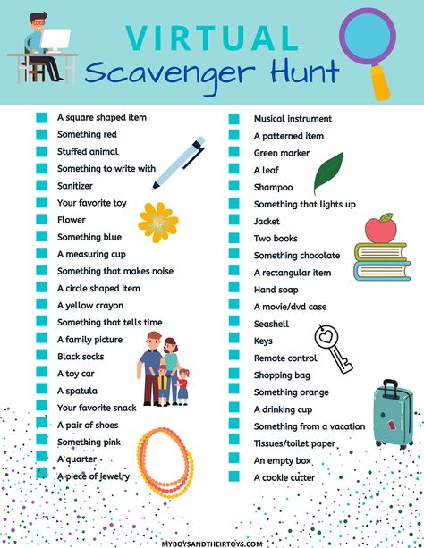 To go along with our virtual playdate ideas and neighborhood scavenger hunt, we’ve created this Virtual Scavenger Hunt Printable!  #printable #scavengerhunt #virtualgames #forkids #teambuilding #partygames #freeprintable Zoom Scavenger Hunt With Students, Esl Scavenger Hunt, Zoom Scavenger Hunt With Adults, Virtual Scavenger Hunt Ideas For Work, Google Scavenger Hunt, Activities For Employees, Remote Team Building, Virtual Games For Kids, Games To Play On Zoom