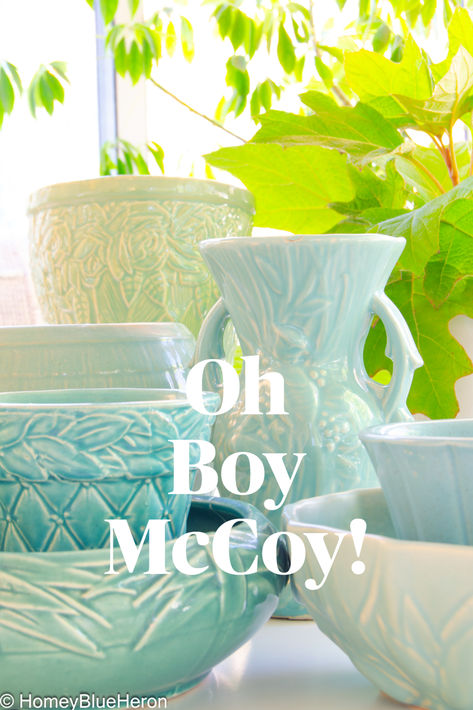 A collection of McCoy Pottery in a variety of blue hues and designs: flower pots, planters, vase and cookie jar. Vintage Pottery Display, Mccoy Pottery Vases, Vintage Pottery Planters, Pottery Display, Retro Kitchenware, Shawnee Pottery, Vintage Dishware, Collectible Pottery, Collections Of Objects