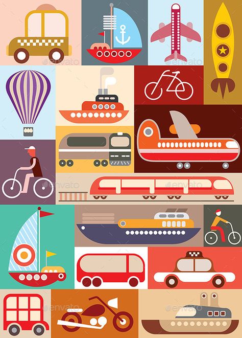 Transport Illustration, Train Illustration, Pop Art Collage, Satirical Illustrations, Mid Century Illustration, Travel System Stroller, British English, Mid Century Art, Icon Set Vector