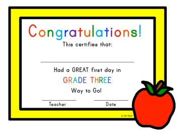 First Day of School Certificate - Third Grade / Grade Three First Day Of School Certificate, First Day In First Grade, School Certificate, Grade Three, Teaching Plan, First Week Of School, School Certificates, Kindergarten First Day, Sixth Grade