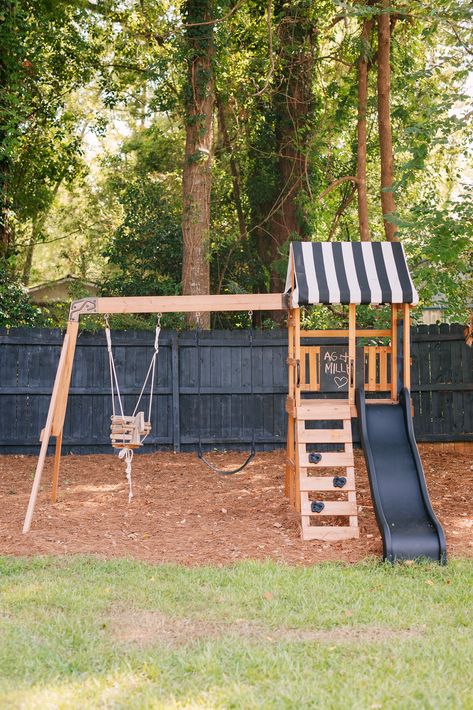 Small Backyard Swingset Ideas, Playset Makeover Ideas, Diy Swing Set With Slide, Playset Outdoor Diy, Outdoor Playset Makeover, Diy Outdoor Playset, Swing Set Makeover, Swingset Ideas, Custom Playground