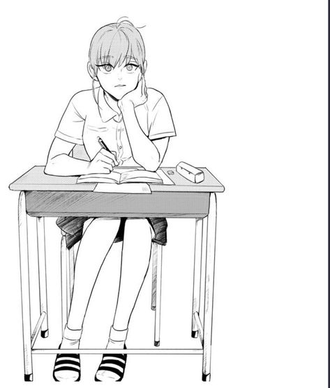 How To Draw A Person Sitting On A Chair, Writing At Desk Drawing Reference, Webtoon Reference Pose, Sitting Desk Pose Reference Drawing, Sitting At School Desk Drawing Reference, School Poses Drawing, How To Draw Someone Sitting At A Desk, Someone Sitting At A Desk Reference, Working At Desk Drawing Reference