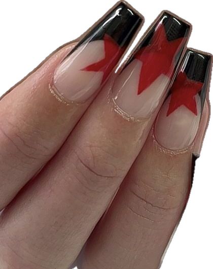 coffin nails with red & black french tip and stars French Tip Nails With Stars, Black Nail Inspo, Nails With Stars, Red Black Nails, Black French Tip Nails, Black French Tip, Concert Ideas, Black French Tips, Tip Nails