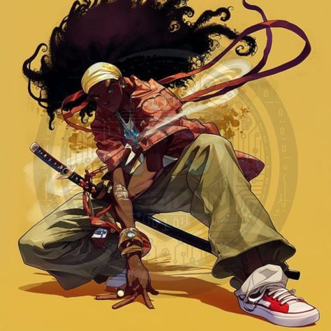 🎵🔥 Rhythm of the Ronin  Striking a pose that's as sharp as his blade, this samurai remixes the ancient codes with urban flair. Follow the beat to @CodeToons where every frame is a fusion of past and present, anime and attitude. 🌆🗡️   #codetoons #samuraistyle #urbanronin #animefusion #mangaart #hiphopvibes #vintageanime #afrospirit #coolstance #artisticexpression  👟🎨 Stay tuned with @CodeToons for epic crossovers and slick illustrations that bring the groove to the canvas. Urban Ninja Concept Art, Akiman Art, Samurai Concept, Urban Samurai, Afro Samurai, Urban Ninja, Black Cartoon Characters, Samurai Jack, Modern Masters