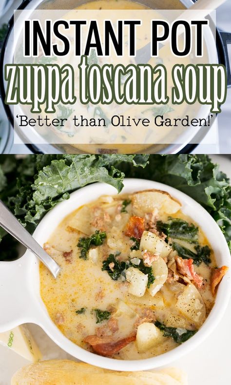 Zuppa Toscana is a flavorful soup comprised of sausage, bacon, potatoes, onion, garlic.. all things good, obviously! Skip the restaurant and make this Copy Cat Zuppa Toscana Soup Recipe instead! |Cooking with Karli| #zuppatoscana #olivegarden #copycat #recipe #instantpot #instantpotrecipe #instantpotsoup Instant Pot Zuppa Toscana Soup, Instant Pot Zuppa Toscana, Copycat Zuppa Toscana, Homemade Turkey Sausage, Bacon Potatoes, Olive Garden Zuppa Toscana, Olive Garden Copycat, Healthy Instant Pot, Zuppa Toscana Soup