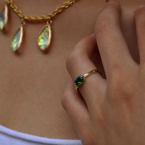 The sweetest petite Lab Emerald Ring is back and looking gorgeous as ever in the always skin friendly, tarnish free 14k Gold vermeil. Where are my emerald lovers? 🙋🏼‍♀️ ✨ #labcreated #emerald #gold #opalnecklace #summer #jewelry #dallas #nyc #houston #chicago #miami #losangeles Bark Ring, Lab Created Emerald, Art Deco Inspired, Opal Necklace, Topaz Gemstone, Summer Jewelry, Emerald Ring, White Topaz, Cocktail Ring