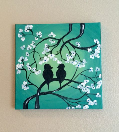 Bird Silhouette Art Tree Branches, Bird Painting Ideas On Canvas, Painting Ideas On Canvas Birds, Bird Paintings On Canvas Easy, Easy Spring Paintings, Gradient Painting, Bird Painting Acrylic, Bird Paintings On Canvas, Oil Pastel Drawings Easy