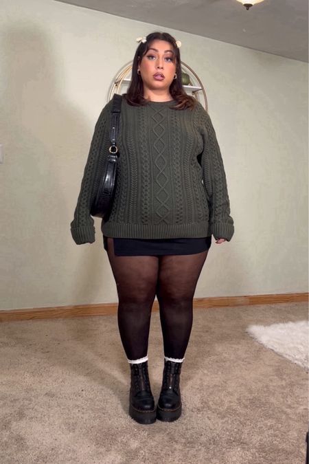 Long Socks With Boots Outfit, Black Platform Docs Outfit, Skirt And Nylons Outfit, Mini Skirt Mid Size Outfit, Black And White Plus Size Outfits, Alt Girl Winter Outfits, Black Skirt Outfit Plus Size, Green Skirt Outfit Fall, Plus Size Fashion Inspo