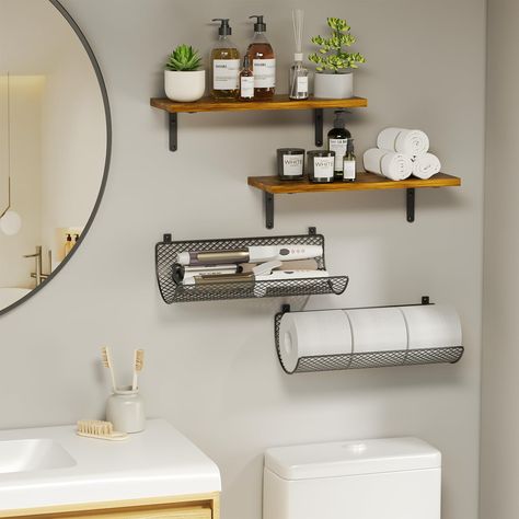 PRICES MAY VARY. 【2-in-1 Floating Shelves with Diamond-shaped Storage Roll Net】:This wood floating shelf can hold most bathroom items,such as toothbrush cups, makeup sets, wash and care sets, etc.Satisfying most of your bathroom storage needs, while the diamond-shaped roll net is able to better store rolled paper, rolled towels, curling irons, hair tool,combs,hair dryers and making you have a better bathroom experience. 【Free Combination DIY Design】:This bathroom floating shelf boasts a DIY desi Wooden Bathroom Shelves, Curling Iron Holder, Over Toilet Storage, Shelves Over Toilet, Wall Decor Bathroom, Hair Tool Organizer, Shelves For Wall, Iron Storage, Wooden Floating Shelves