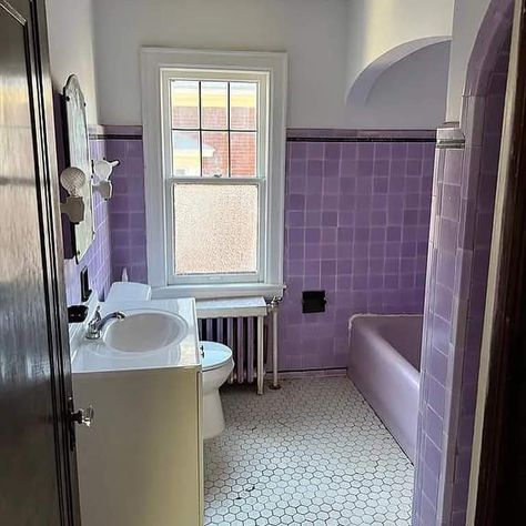 Lavender Tile Bathroom, Lavender Tile, Moody Victorian, Lavender Bathroom, Purple Bathroom, Tiled Bathroom, Purple Tile, Tudor Revival, Purple Bathrooms