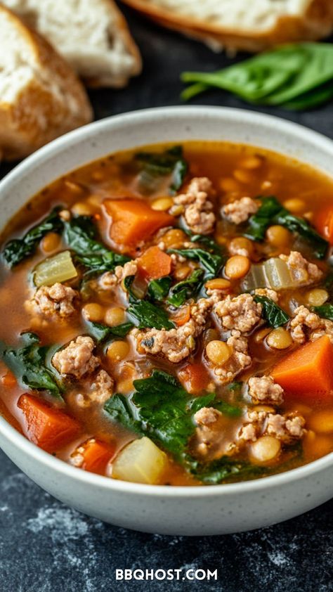 This lentil and ground turkey soup is the perfect comfort food—full of flavor, healthy, and easy to make! Ideal for low carb healthy meals with ground turkey. Save this for later and click through for 40+ more recipes! Butternut Squash Soup With Ground Turkey, Ground Turkey Lentil Soup, Ground Turkey And Lentils Recipes, Turkey Meat Dinner Ideas, Healthy Meals With Ground Turkey, Ground Turkey Lentil, Carb Healthy Meals, Meals With Ground Turkey, Low Carb Healthy Meals