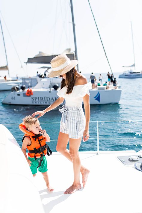 Santorini Sunset Sail in a white off the shoulder top and striped linen shorts Hello Fashion Blog, Yacht Rock, Santorini Sunset, Boating Outfit, Hello Fashion, Cruise Outfits, Sailing Outfit, On A Boat, Party Girl