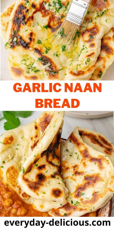 The most amazing Naan bread recipe - brushed generously with salted garlic butter, soft, chewy, and packed with flavor. With just a few basic ingredients and simple steps, you'll be able to whip up soft, fluffy naan bread that pairs perfectly with your favorite curries or as a tasty snack on its own. Garlic Naan Bread Recipe, Garlic Naan Bread, Naan Bread Recipe, Recipes With Naan Bread, Garlic Naan, Full Fat Yogurt, Dinner Side Dishes, Naan Bread, Dinner Sides