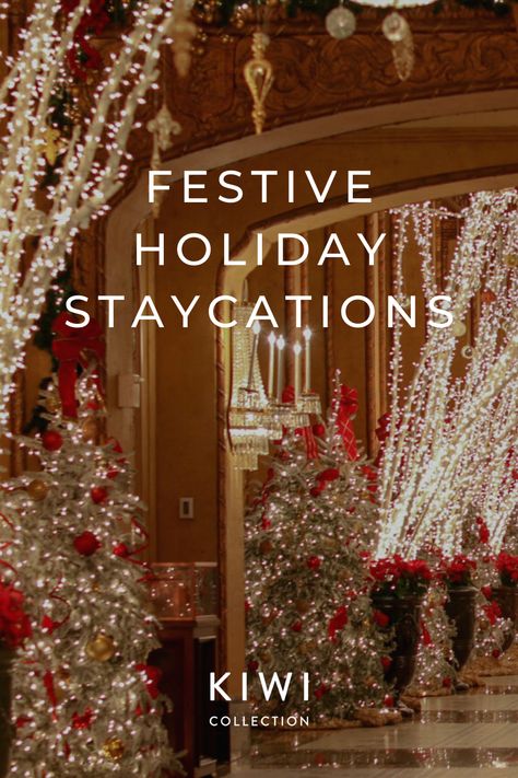 Hotel lobby decorated with lights and Christmas trees Staycation Hotel, Christmas Hotel, Hotel Staycation, Hotel Christmas, Home Alone 2, Hotel Design Architecture, Hotel Ads, 2025 Christmas, Kevin Mccallister