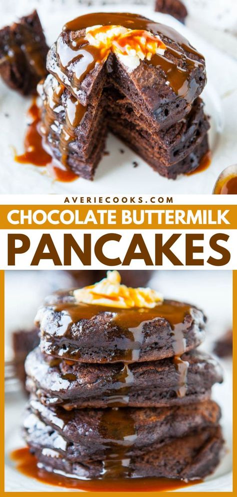 Time for some chocolate pancakes! You'll want to double this breakfast idea for busy mornings. Topped with homemade caramel sauce, these chocolate buttermilk pancakes are also a special brunch recipe! Pancakes Buttermilk, Double Chocolate Pancakes, Homemade Salted Caramel, Special Breakfast, Averie Cooks, Thanksgiving Desserts Easy, Chocolate Pancakes, Salted Caramel Sauce, Buttermilk Pancakes