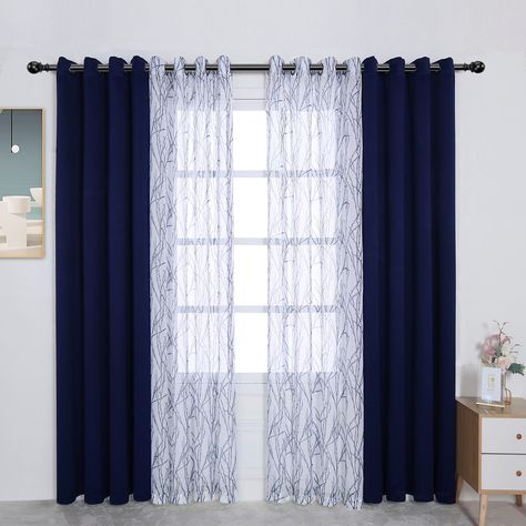 PRICES MAY VARY. Polyester WHAT'S IN THE PACKAGE?: Each set includes 2 pieces branch print sheer curtain and 2 pieces blackout curtains. Each curtain panel measures 54 wide by 63 inch long and finished with 8 grommets with 1.6 inch diameter that fits well with standard curtain rods, making them easy to install and move along the pole. PREMIUM BLACKOUT AND SHEER FABRIC: BONZER mix and match blackout curtains are crafted from 100% polyester fabric in a certified STANDARD 100 by OEKO TEX factory. T Curtains To Match Navy Blue Sofa, Mix And Match Curtains, Window Treatments Sheer, Curtains For Bedroom, Thermal Curtains, Home Curtains, Window Drapes, Grommet Curtains, Sheer Curtain