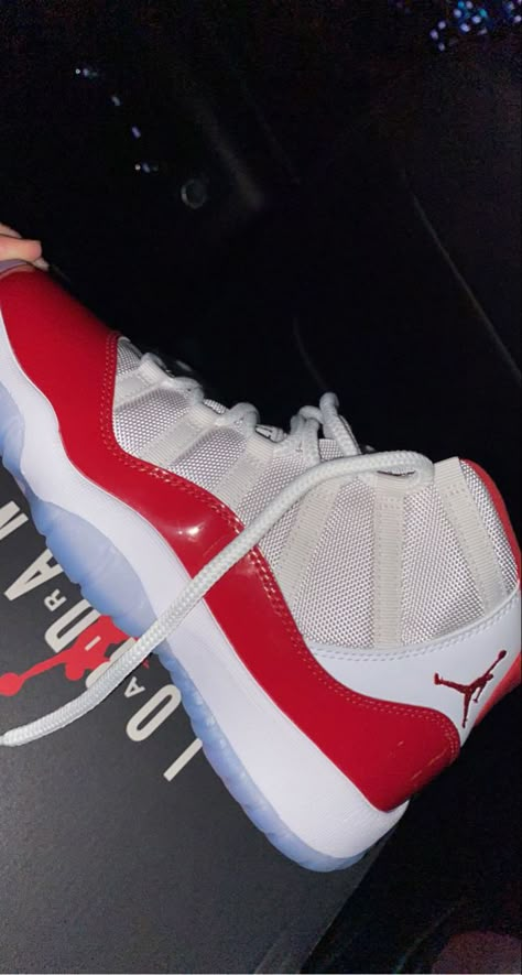 Red air Jordan’s 11 cherry shoes sneakers red white sneaker head trendy Jordan 11 Red And White, Jordans Red And White, Red White Jordans, White Air Jordans, Red And White Shoes, Jordans Red, Jordan 11 Red, Jordan 11 Retro Cherry, Red And White Sneakers