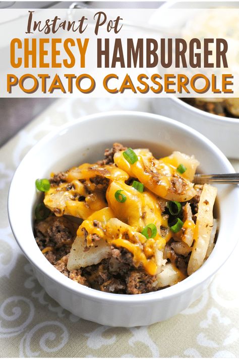 This Instant Pot Cheesy Hamburger Potato Casserole is a family favorite! Super easy, kids love it, and very hearty. #instantpot #easydinner #casserole Hamburger Insta Pot Recipes, Instapot Beef And Potatoes, Easy Hamburger Instant Pot Recipes, Easy Instapot Hamburger Recipes, Hamburger Instapot Recipes, Beef And Potatoes Instant Pot, Hamburger Meat Pressure Cooker Recipes, Ground Beef And Potatoes Instant Pot, Instant Pot Beef And Potatoes