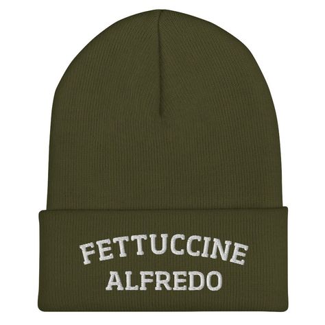 Do you love fettuccine Alfredo? Looking for a funny gift for a fettuccine lover? Our Fettuccine Alfredo Beanie is warm, cozy and the perfect funny hat for pasta enthusiasts of all kinds. This funny foodie beanie is snug, formfitting, and comes in a variety of colors, each expertly embroidered with the words "Fettuccine Alfredo". A unique accessory for pasta lovers, designed by Nina and made just for you! * 100% Turbo Acrylic * 12″ (30 cm) in length * Hypoallergenic  * Snug, formfitting, unisex s Funny Beanies, Foodie Outfit, Funny Clothes, Statement Hat, Funky Hats, Cold Weather Hats, Crab Rangoon, Fettuccine Alfredo, Pasta Lover