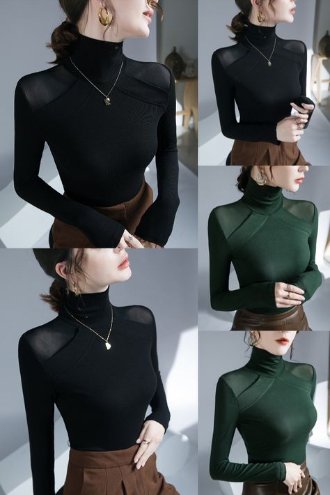 Sheer Fitted Turtleneck T-Shirt Mesh Spliced Tops For Women Elastic Knitted Office Formal Shirt Turtleneck T Shirt, Womens Blouses, Formal Shirt, Fitted Turtleneck, Formal Shirts, Tops For Women, Blouses For Women, Turtle Neck, Blouses