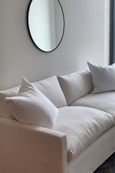 White Fabric Couch, White Plush Couch, Small White Couch Living Room, White Couch In Bedroom, White Modern Couch, Small Couch Aesthetic, White Sofa Aesthetic, White Small Couch, White L Couch