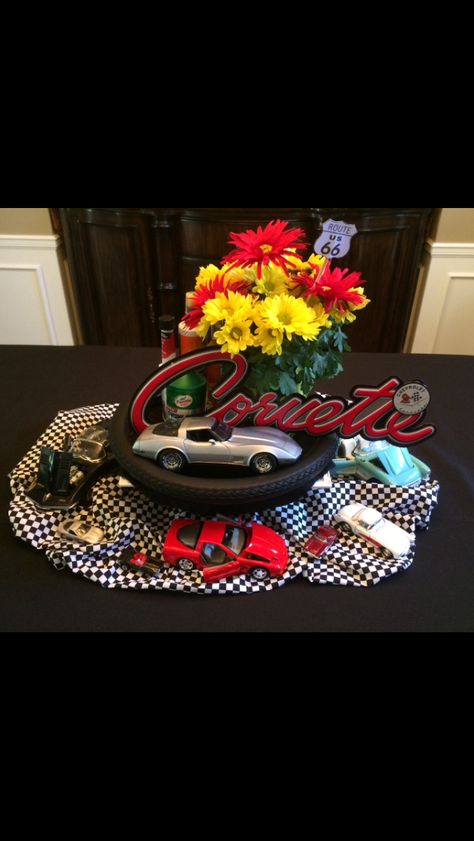 Corvette Centerpiece Sports Car Centerpiece, Corvette Party Ideas, Car Centerpieces Ideas, Corvette Birthday Party Ideas, Classic Car Centerpieces Ideas, Race Car Centerpiece Ideas, Corvette Birthday, Mechanic Party, Mens Birthday Party Centerpieces