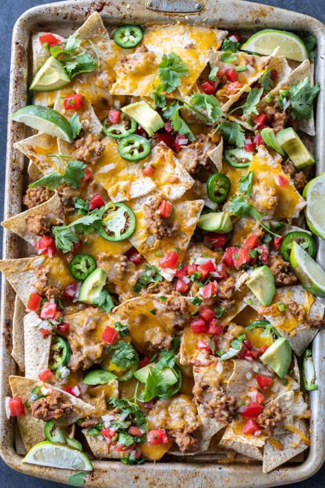 Sheet Pan Nachos (With Ground Beef) - Momsdish Oven Nachos Ground Beef, Sheet Pan Nachos Ground Beef, Sheet Nachos, Nacho Board, Seasoning Ground Beef, Nachos With Ground Beef, Oven Nachos, Easy Ground Beef Enchiladas, Sheet Pan Steak Fajitas