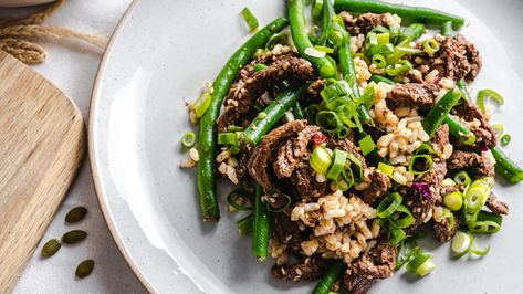 Beef With Green Beans, Asian Style Beef, Beans And Brown Rice, Beef And Beans, Meal Prep Menu, Brown Rice Recipe, Asian Beef, Brown Rice Recipes, Beef Strips